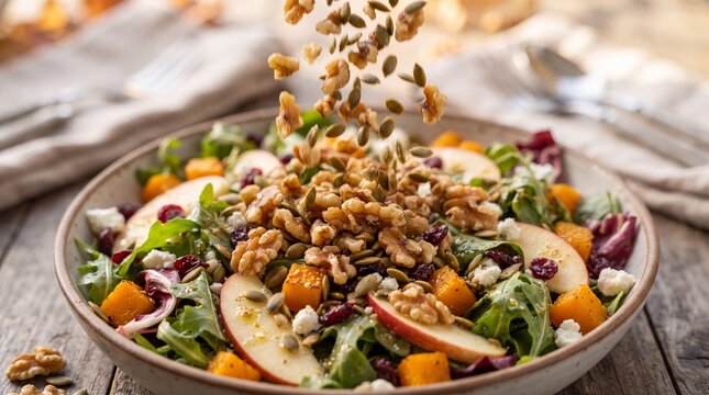 A fresh salad in a ceramic bowl with sliced apples, pumpkin seeds, walnuts, and ad social media download thambnail poster web template event festival 2026 2027 2028