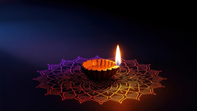 Happy Diwali Single glowing clay diya lamp placed on an intricate black and white mandala pattern against a dark background with soft lighting