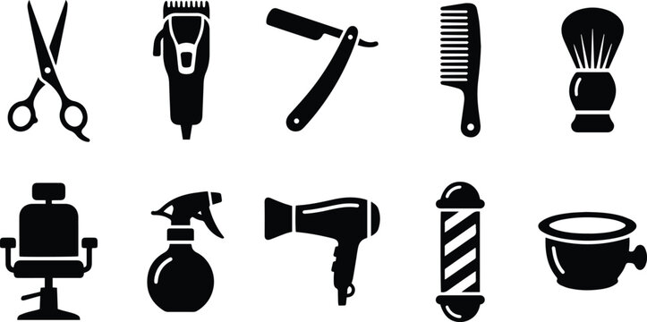 barber shop tools solid silhouette icon bundle
