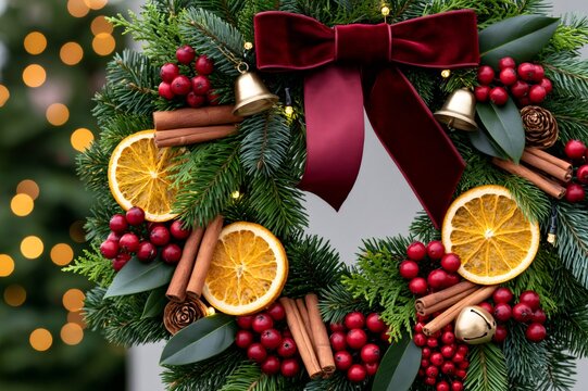 Christmas wreath decorating door with festive natural elements