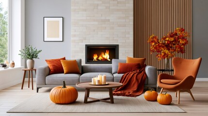 Naklejka premium Cozy living room decorating for autumn with fireplace