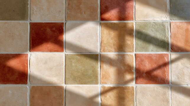 Terracotta floor tiles with geometric light patterns