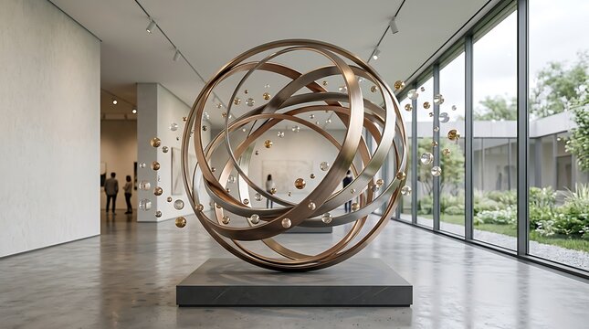Large metallic abstract sculpture of interlocking rings and floating colorful spheres displayed in a modern art gallery with tall glass windows and bright interior