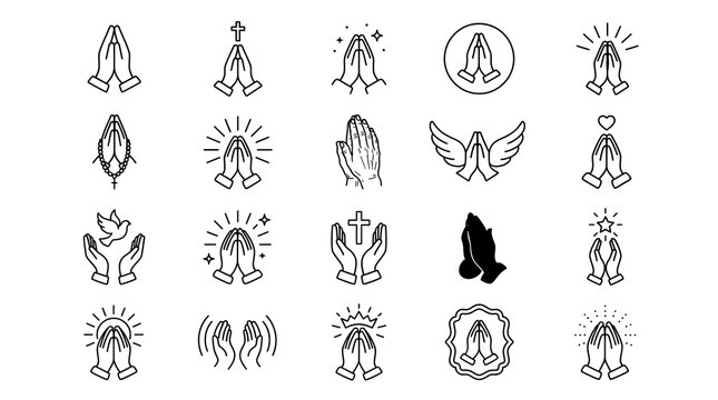 Praying hands line icons set isolated on white