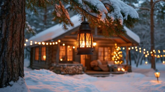 Warm lantern illuminating a cozy winter cabin holiday