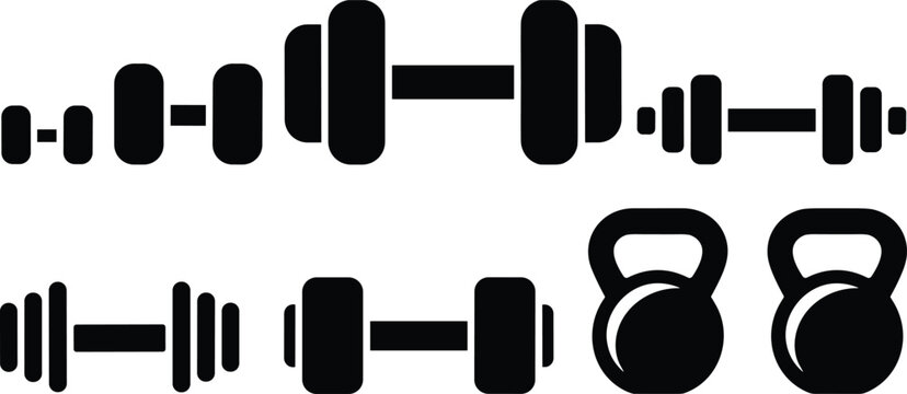 Dumbbell barbell and kettlebell vector icon set with heavy weight plates isolated on white background for gym fitness design