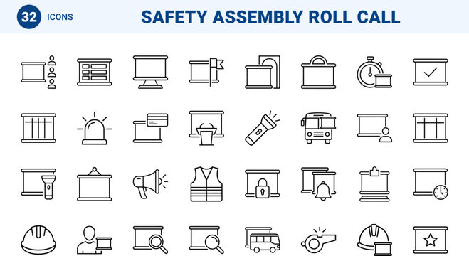 Roll Call Board Assembly Accounting Web Icon Set in Linear Style. Collection of Attendance Management line icons, including headcount, verification, muster point, safety check, shift tracking.