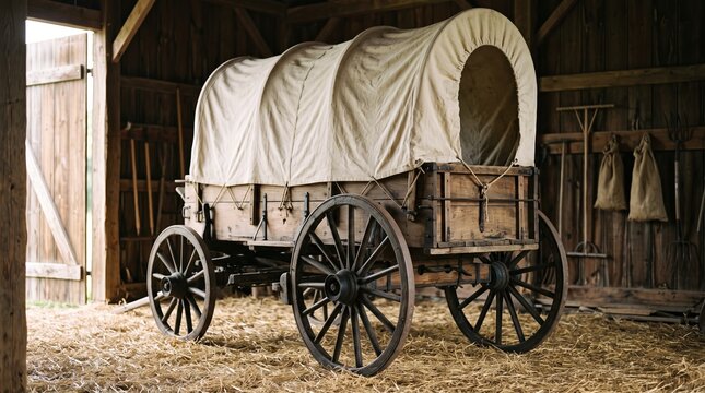 Covered wagon standing inside wooden barn with hay on floor, rustic transport