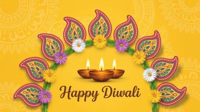 Happy Diwali Festive Diwali background featuring a semi-circular arch of paisley ornaments with colorful flowers and glowing diyas on yellow