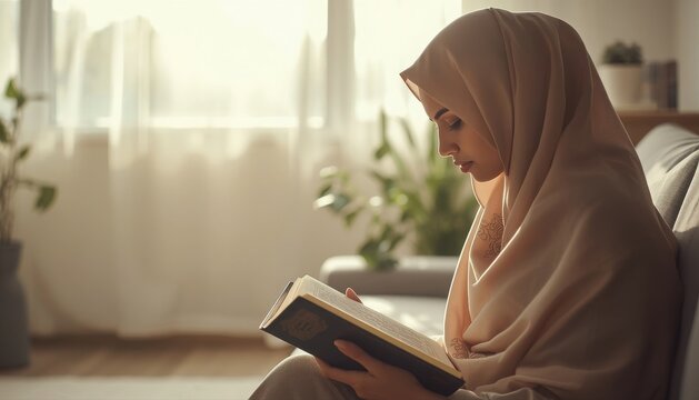 Young muslim woman reading holy book wearing hijab sitting by window at home with islamic religion spiritual practice home interior daylight window peaceful moment indoor lifestyle reading scrip