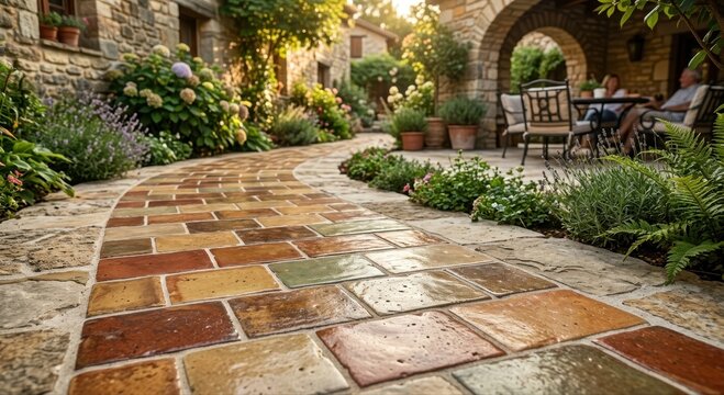 Polished Ceramic Terracotta Tiles Paving a Sunlit Garden Path in an Italian Courtyard