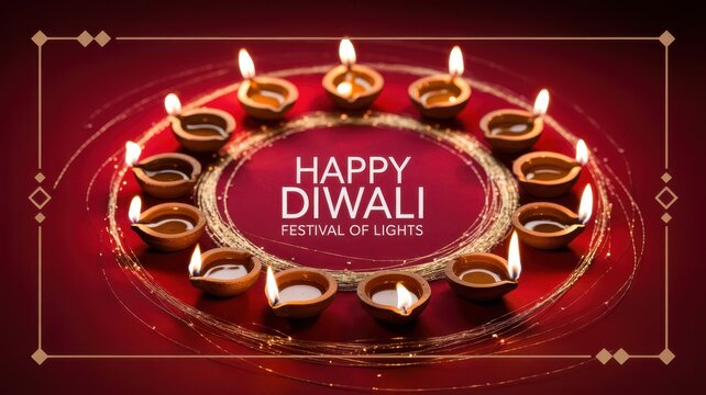 Happy Diwali Circular arrangement of glowing clay diyas and golden tinsel on a rich red background with a decorative frame for Diwali