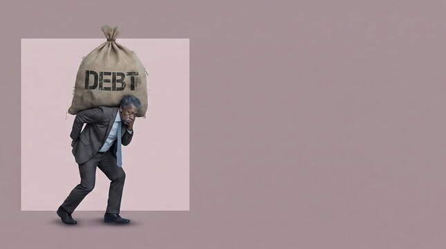 Senior businessman carrying a heavy sack of debt on his back