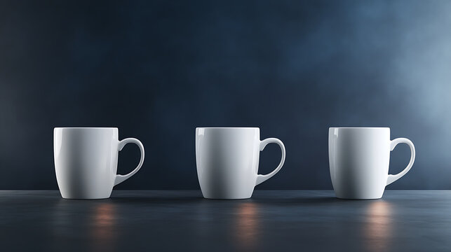 Three white coffee mugs on dark blue background