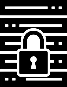 Database security icon features a solid black padlock overlaid on horizontal server racks with stark contrast and clean graphic lines.