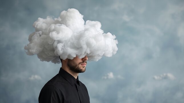 Man with His Head in a Cloud Representing Stress and Brain Fog