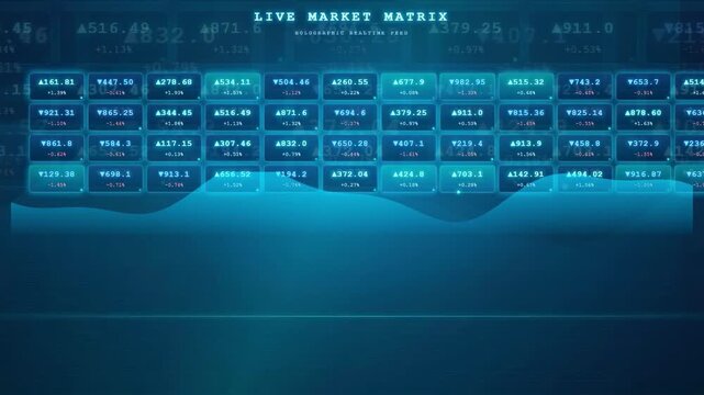 Digital financial market matrix with scrolling stock data and numeric values on blue background