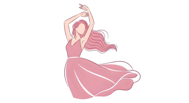 Elegant illustration of a graceful woman dancing in a flowing pink dress on a transparent background for artistic projects