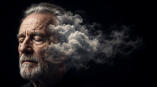 Senior man with eyes closed and smoke representing brain fog
