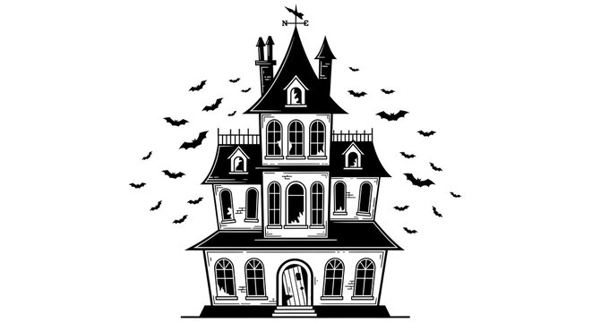 Spooky Haunted House Mansion Silhouette Illustration with Bats on a Transparent Background for Halloween Design Projects