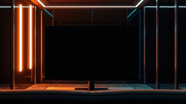 Dark room features glowing neon lights framing blank screen. Minimalist setup suggests futuristic display concept. Dramatic lighting creates mood.