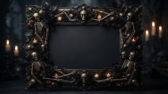 Ornate skeletal frame with black roses and lit candles creates a gothic halloween setting skull