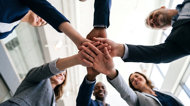 United Team Spirit: An upward perspective captures a group of business professionals uniting their hands, reflecting a deep sense of team spirit, unity, and shared purpose.