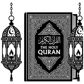 The holy quran book with ornate cover flanked by hanging traditional ramadan lanterns vector illustration ramadan lantern islamic book