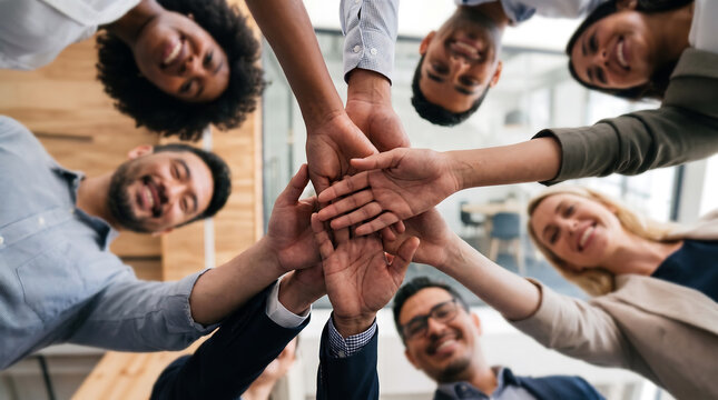 United Team Spirit: An upward perspective captures a group of business professionals uniting their hands, reflecting a deep sense of team spirit, unity, and shared purpose.