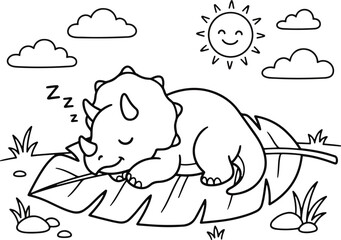 Cute baby triceratops sleeping peacefully on a large leaf under a bright sunny sky © Bellal