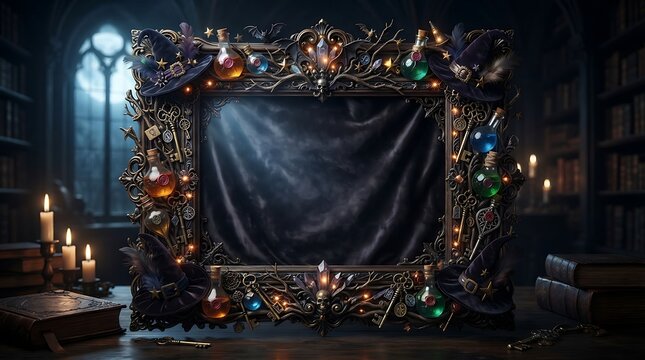 Ornate rectangular frame decorated with witch hats potions and crystals stands on a wooden surface