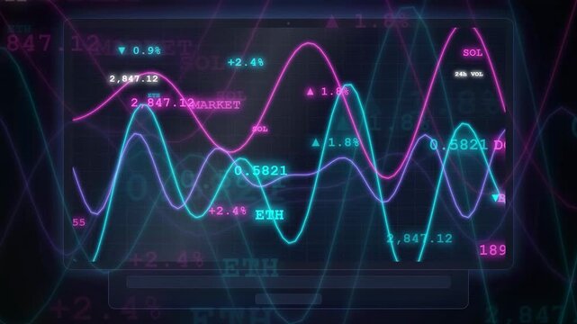 Abstract digital financial data visualization with glowing neon blue and pink stock market graphs