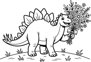 Adorable cartoon stegosaurus dinosaur happily munching on fresh green leaves from a leafy bush illustration © Bellal