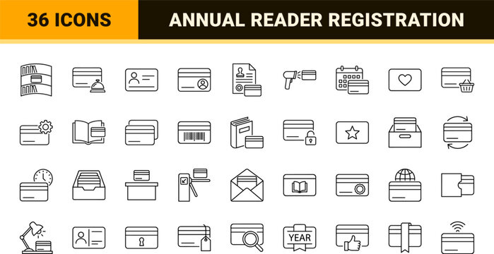 Library Card Year Signup Web Icon Set in Linear Style. Collection of membership access line icons, including library card, year signup, reader pass, book loan, registration, annual access.
