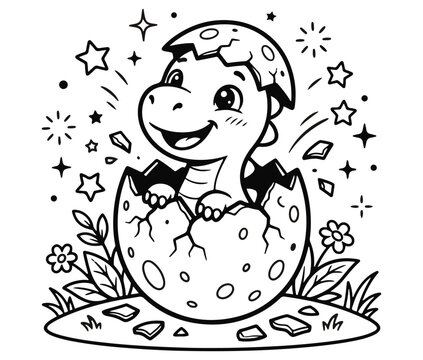 Adorable baby dinosaur hatching from an egg surrounded by stars and floral elements