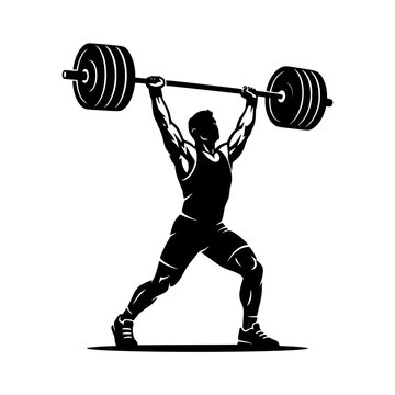 Lifting weights barbell overhead silhouette vector illustration, Weightlifter overhead barbell silhouette