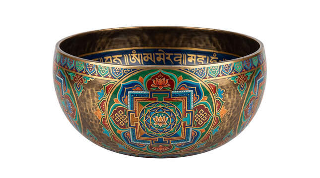 Tibetan singing bowl with ornate mandala patterns, brass meditation bowl with sanskrit engraving, spiritual healing instrument for sound therapy isolated PNG with Transparent Background
