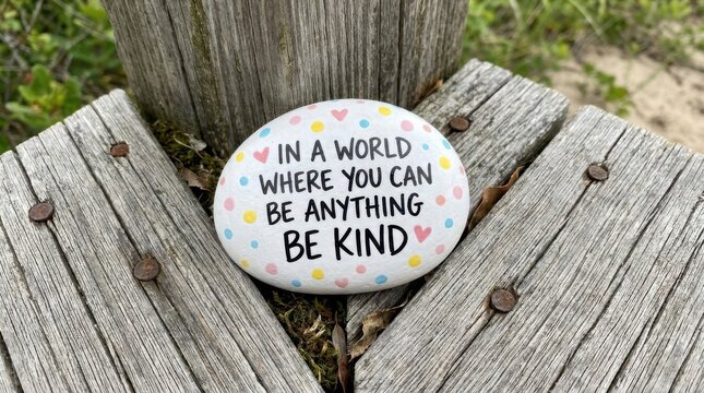 A vibrant painted rock with a kindness quote is positioned on weathered wooden posts outdoors, top view.