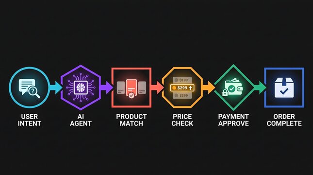 AI agent shopping workflow diagram with colorful neon icons representing online purchase steps. Technical illustration of e-commerce process from user intent to order completion
