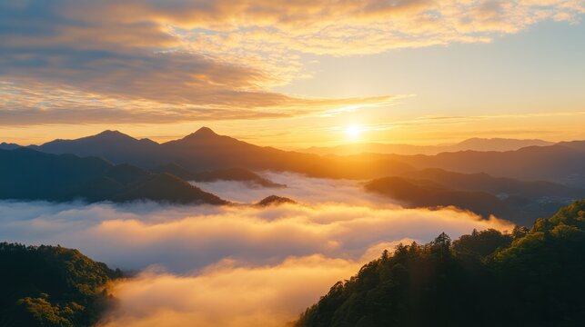 Sunrise Over Misty Mountains: The golden sun rises over a picturesque mountain range, casting a warm glow on a sea of clouds that blankets the valleys below.