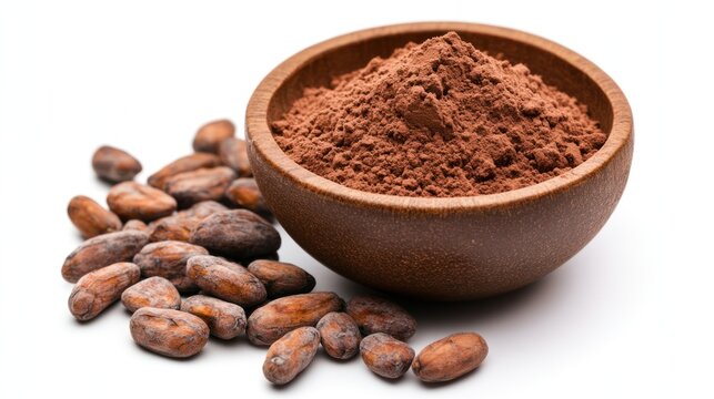 Cocoa Powder and Beans: A wooden bowl filled with rich cocoa powder sits beside a scattering of raw cocoa beans, showcasing the raw ingredients for delicious chocolate treats.