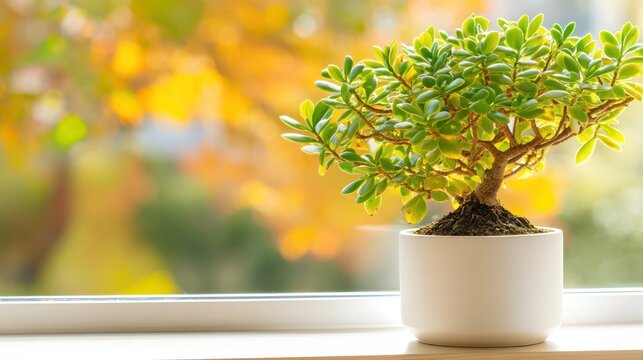 Bonsai Tree by the Window: A miniature bonsai tree in a white pot sits on a windowsill, with a blurred background of warm autumn foliage.