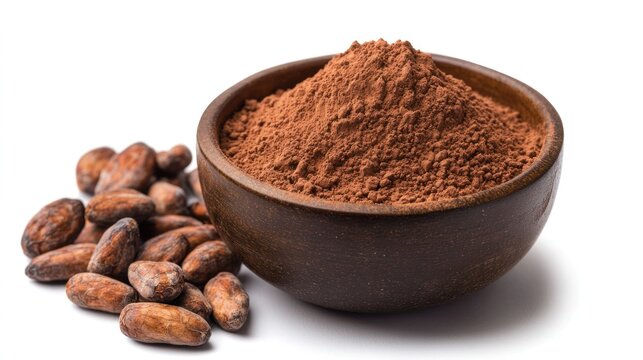 Cacao Beans and Powder: Unprocessed cacao beans and a rich mound of cocoa powder are presented in a rustic wooden bowl, highlighting the raw essence of chocolate.