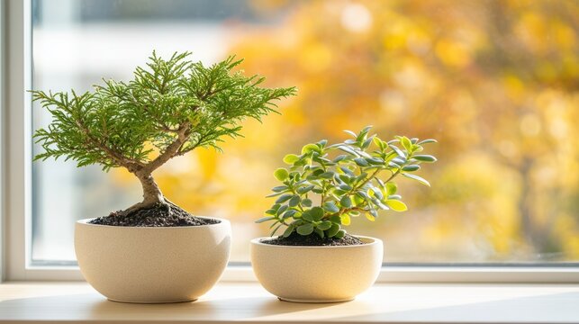 Two Bonsai Plants on a Windowsill with Autumn Bokeh