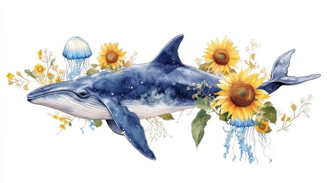 Whale and Sunflower Dreamscape: A majestic whale swims amidst a whimsical blend of sunflowers and delicate jellyfish, creating a surreal and beautiful underwater fantasy.
