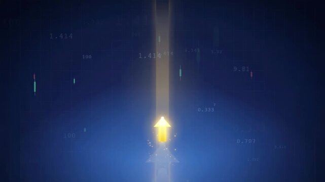 Abstract Digital Data Visualization with Glowing Golden Arrow Rising Through Blue Binary Code Background
