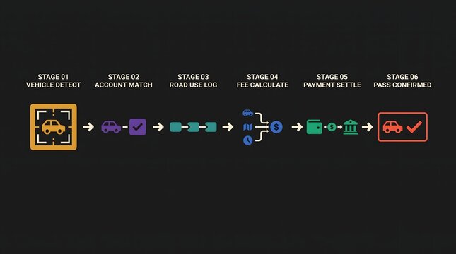 Automated toll collection system infographic. Showing vehicle detection account matching road use logging fee calculation payment settling and pass confirmation stages