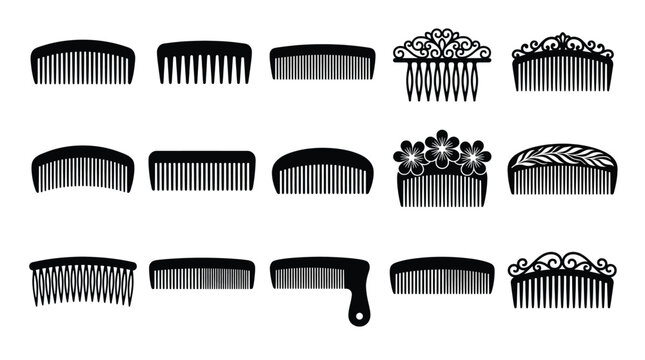 Collection of hair combs and decorative hair picks, professional hairdressing tools and accessories