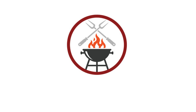 Barbecue logo design features a charcoal grill with orange flames and crossed forks enclosed within a dark red circular border.