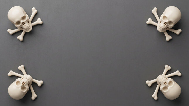 Four white skulls with crossed bones positioned in corners of a dark gray background.